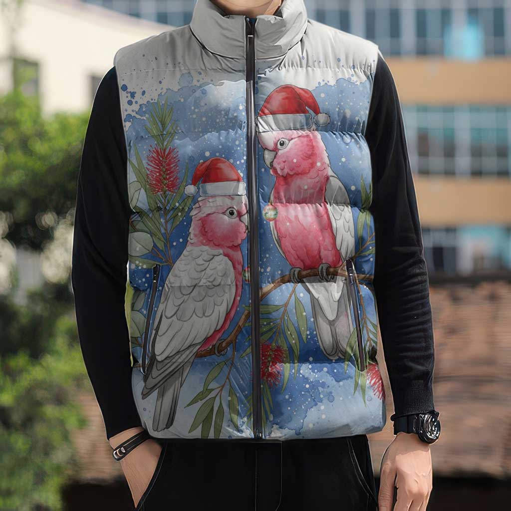 Australia Christmas Sleeveless Puffer Jacket Aussie Galah Santa Watercolor Style - Aussie Hoodie