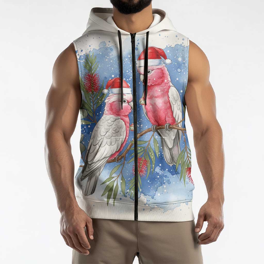 Australia Christmas Sleeveless Zip Hoodie Aussie Galah Santa Watercolor Style LT14