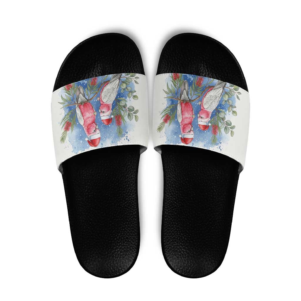 Australia Christmas Slide Sandals Aussie Galah Santa Watercolor Style - Aussie Hoodie