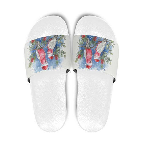 Australia Christmas Slide Sandals Aussie Galah Santa Watercolor Style - Aussie Hoodie