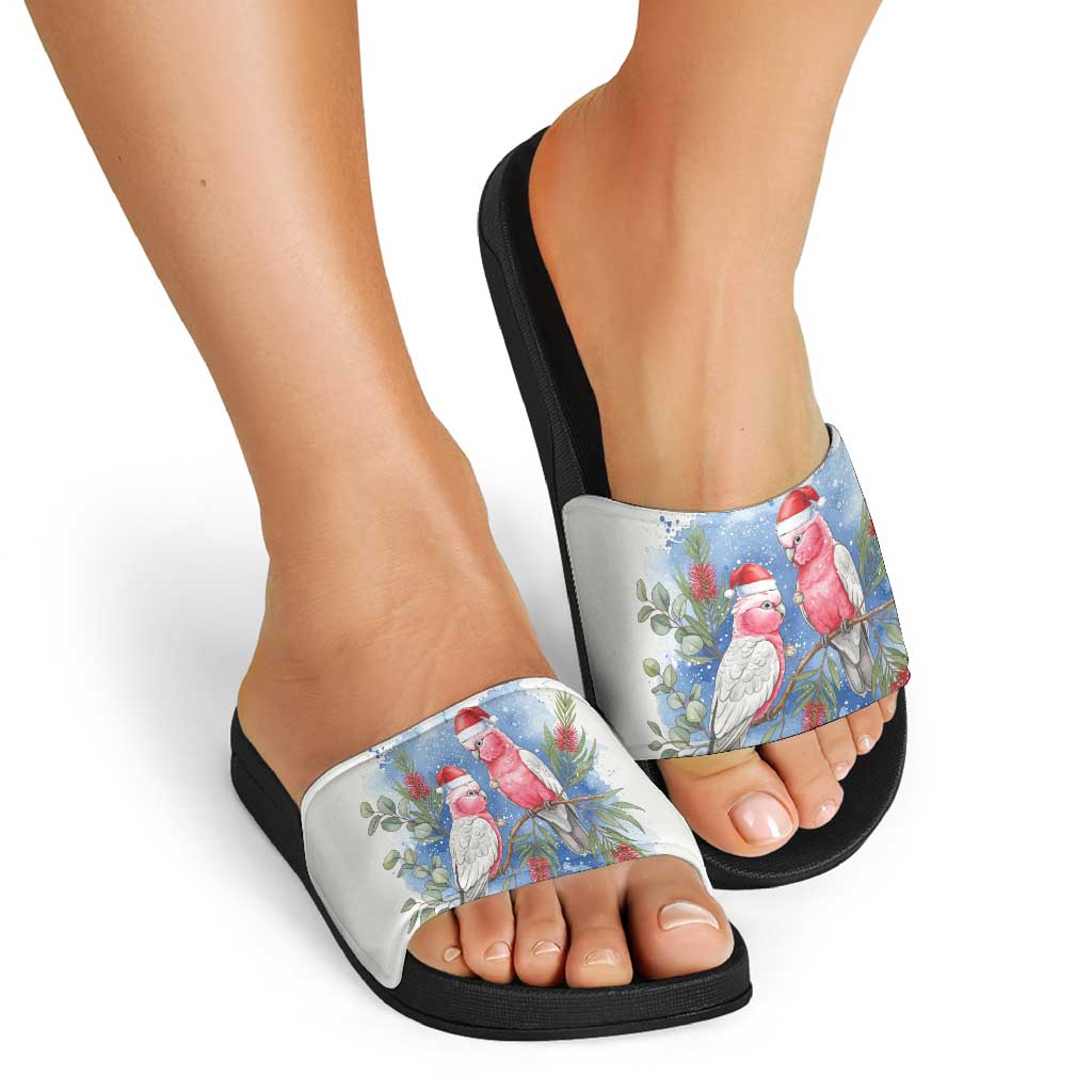 Australia Christmas Slide Sandals Aussie Galah Santa Watercolor Style - Aussie Hoodie