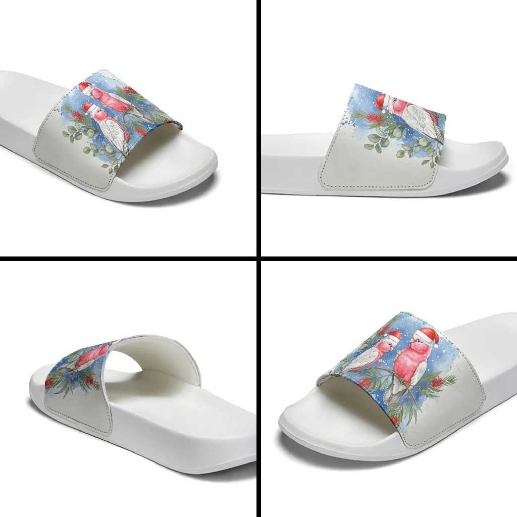 Australia Christmas Slide Sandals Aussie Galah Santa Watercolor Style - Aussie Hoodie