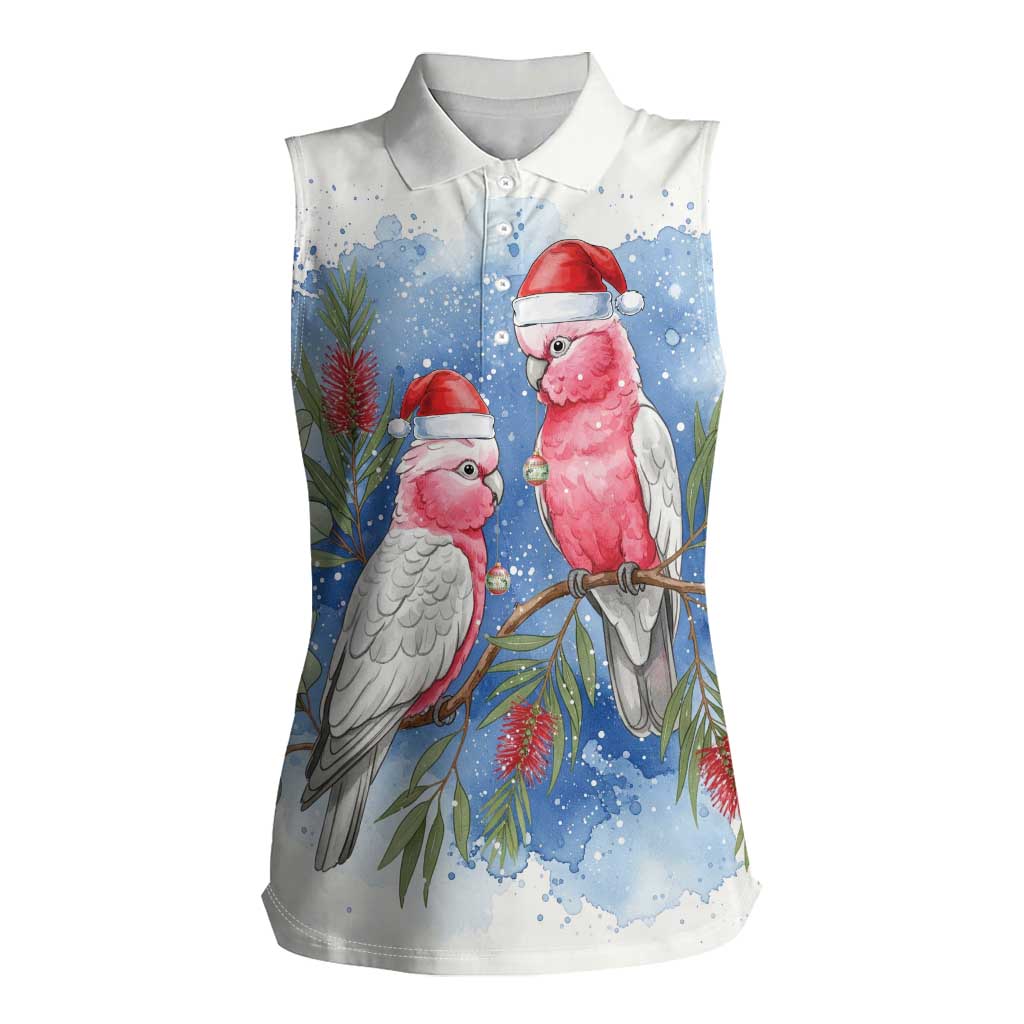Australia Christmas Women Sleeveless Polo Shirt Aussie Galah Santa Watercolor Style - Aussie Hoodie