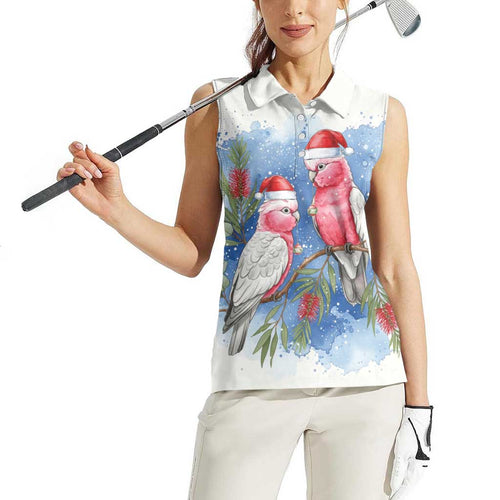 Australia Christmas Women Sleeveless Polo Shirt Aussie Galah Santa Watercolor Style - Aussie Hoodie