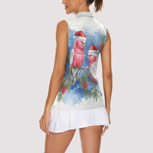 Australia Christmas Women Sleeveless Polo Shirt Aussie Galah Santa Watercolor Style - Aussie Hoodie