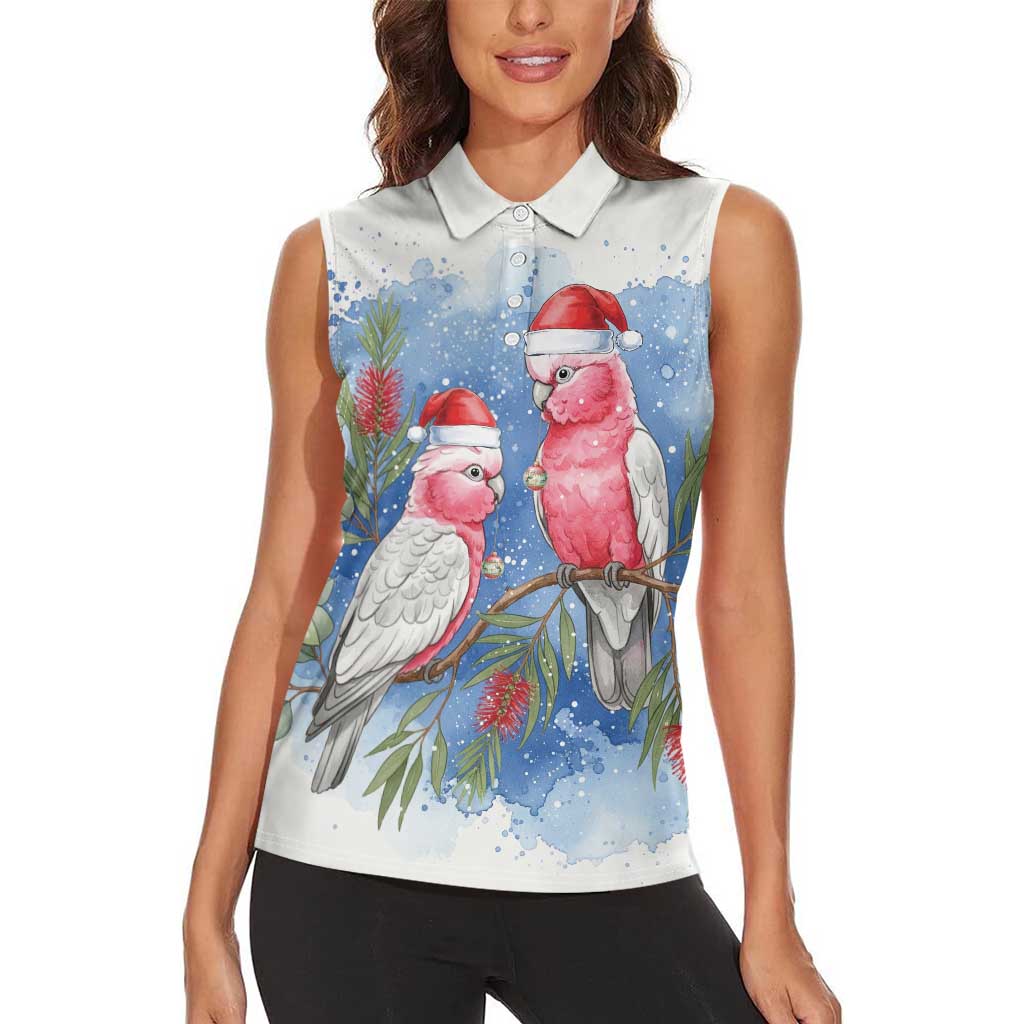 Australia Christmas Women Sleeveless Polo Shirt Aussie Galah Santa Watercolor Style - Aussie Hoodie