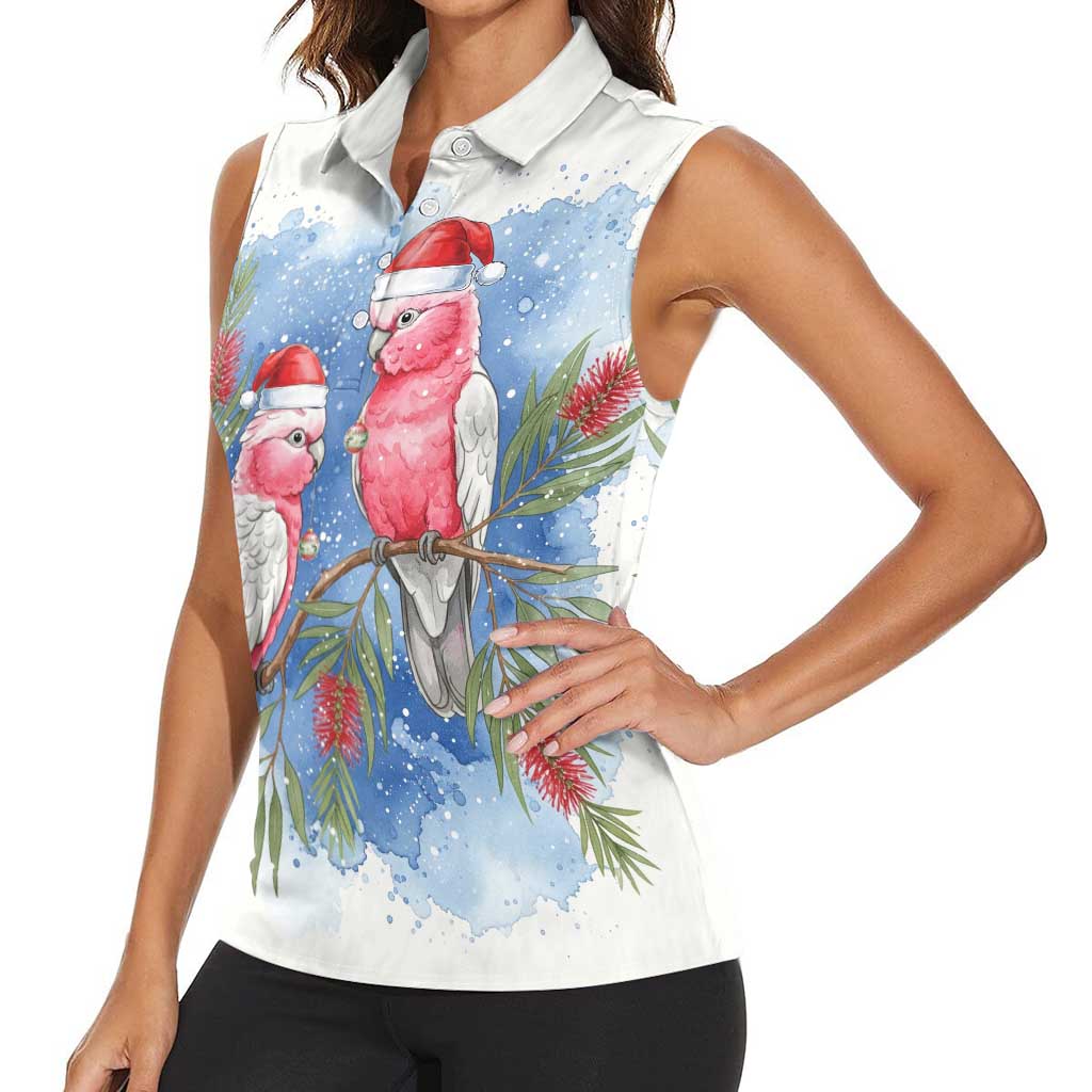 Australia Christmas Women Sleeveless Polo Shirt Aussie Galah Santa Watercolor Style - Aussie Hoodie