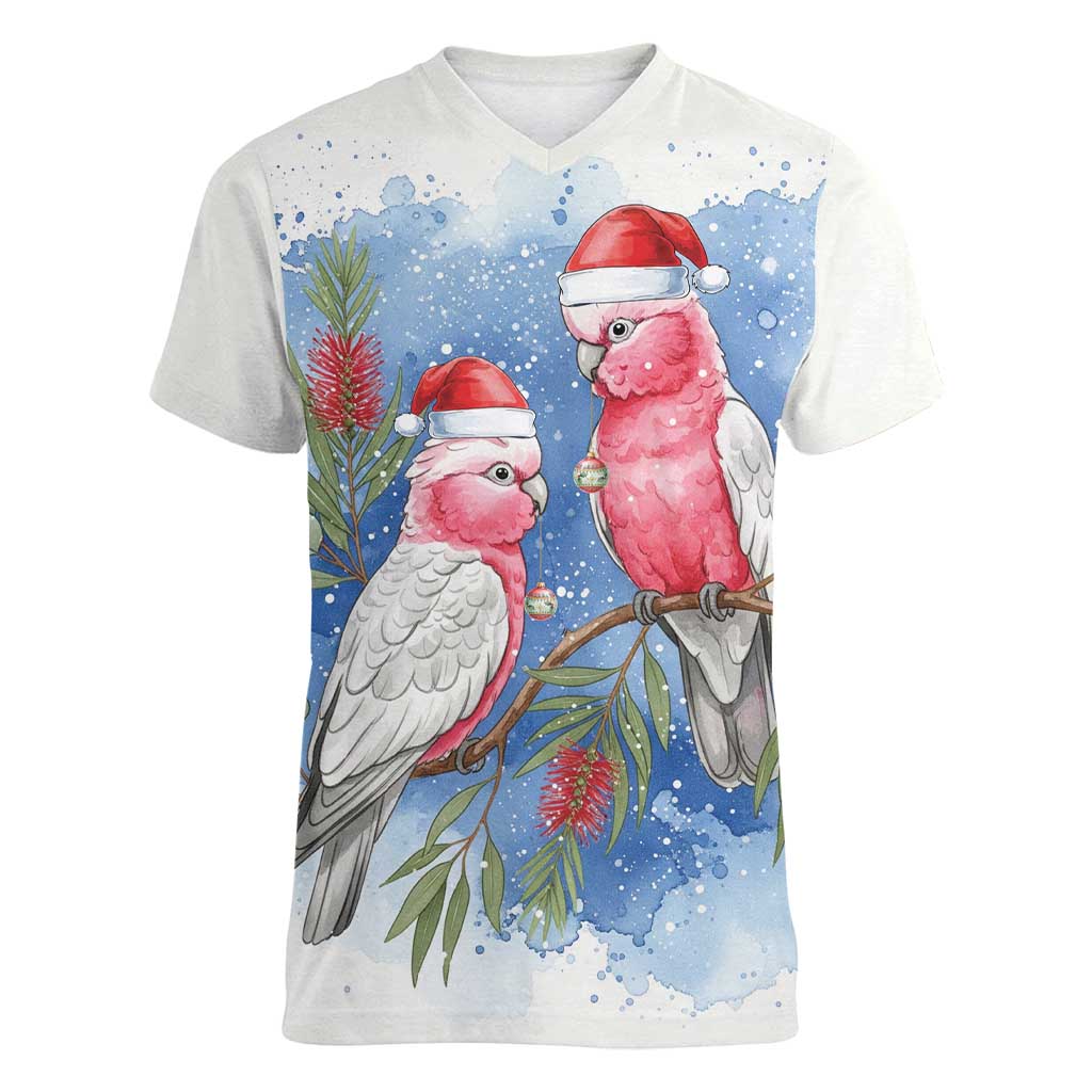 Australia Christmas Women V-Neck T-Shirt Aussie Galah Santa Watercolor Style - Aussie Hoodie