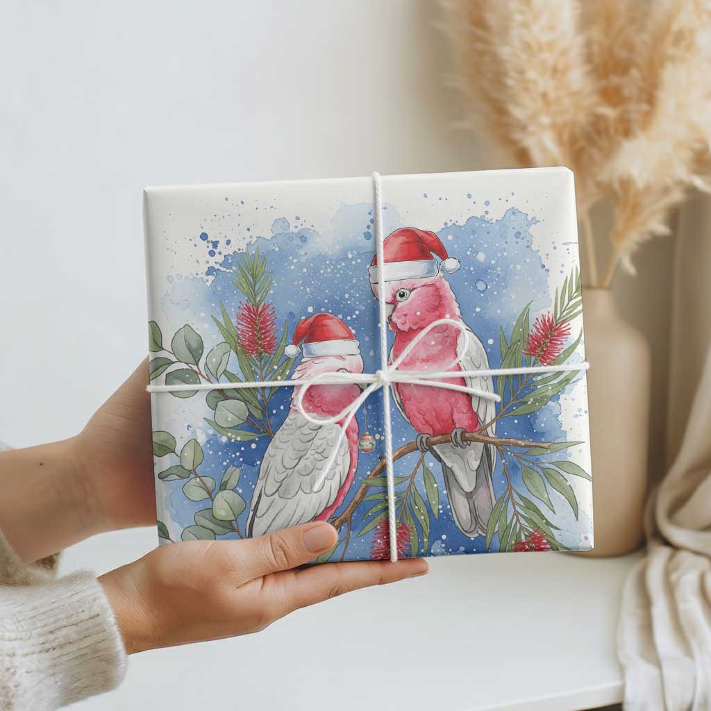 Australia Christmas Wrapping Paper Aussie Galah Santa Watercolor Style - Aussie Hoodie