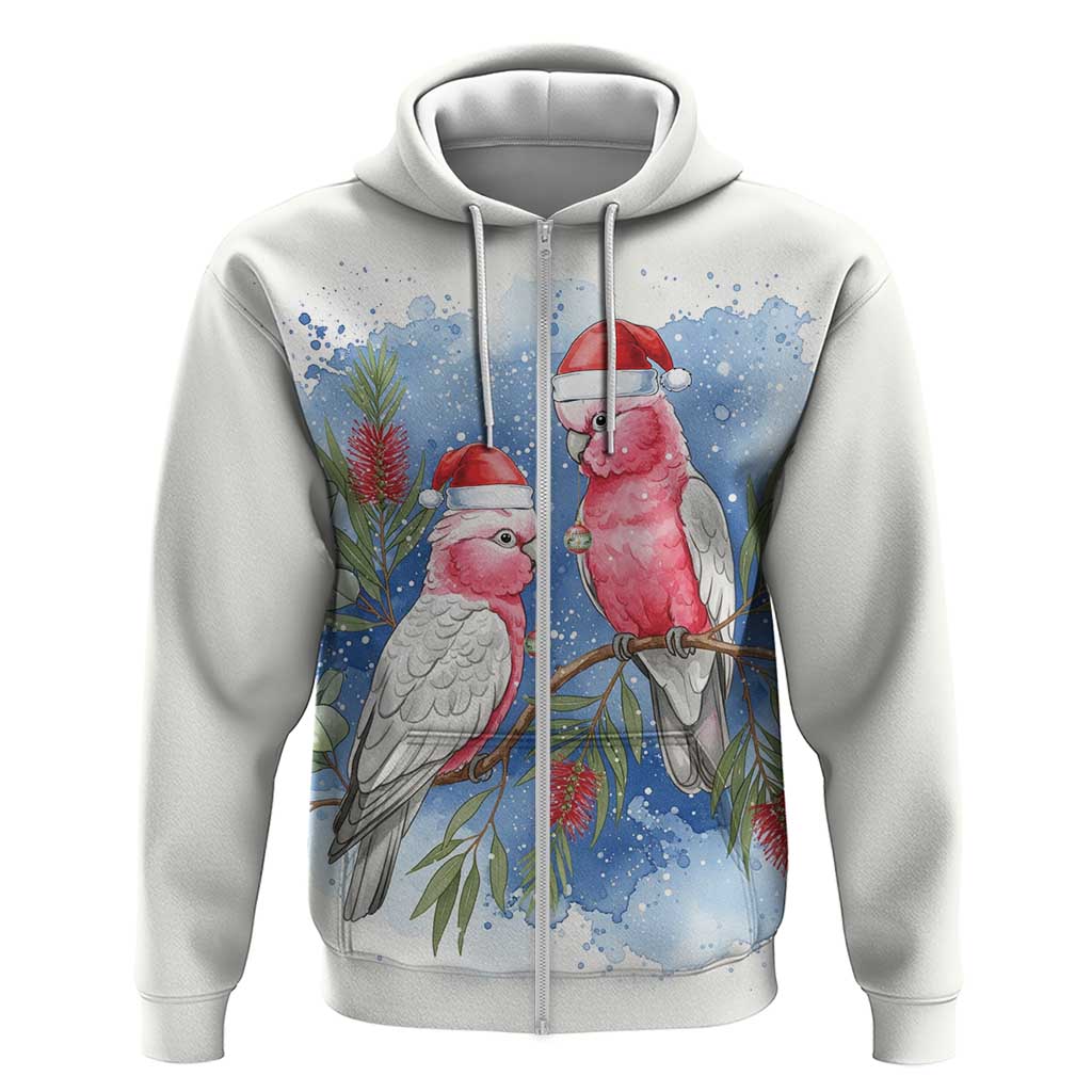 Australia Christmas Zip Hoodie Aussie Galah Santa Watercolor Style - Aussie Hoodie