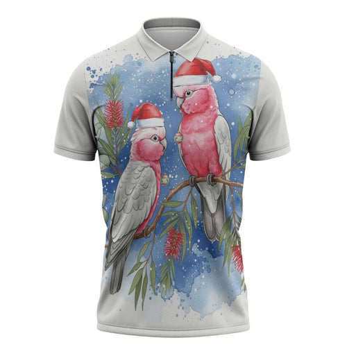 Australia Christmas Zipper Polo Shirt Aussie Galah Santa Watercolor Style - Aussie Hoodie