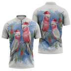 Australia Christmas Zipper Polo Shirt Aussie Galah Santa Watercolor Style - Aussie Hoodie