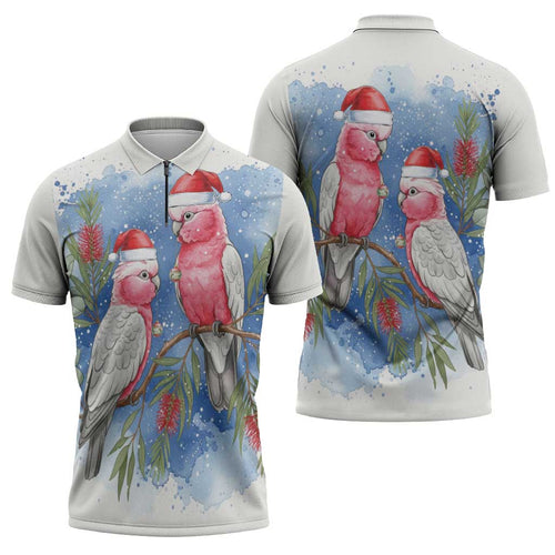 Australia Christmas Zipper Polo Shirt Aussie Galah Santa Watercolor Style - Aussie Hoodie