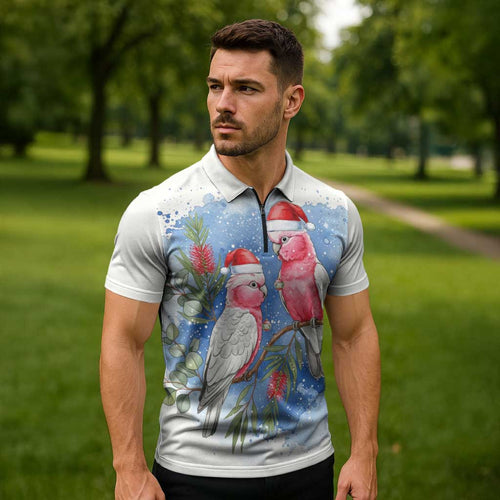 Australia Christmas Zipper Polo Shirt Aussie Galah Santa Watercolor Style - Aussie Hoodie
