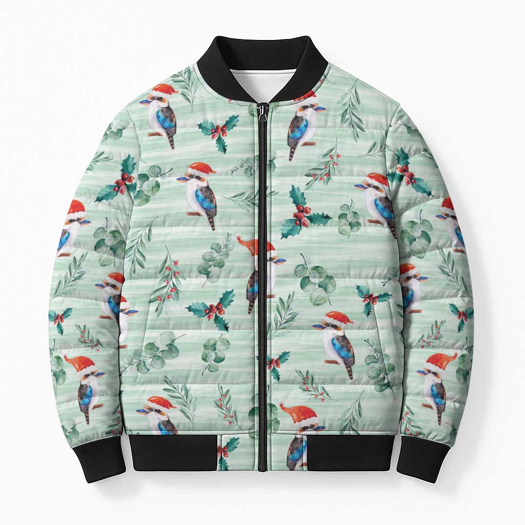 Australia Christmas Bomber Puffer Jacket Aussie Kookaburra Watercolor Seamless Style - Aussie Hoodie