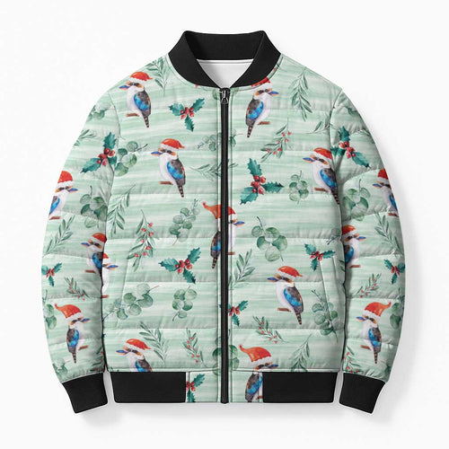 Australia Christmas Bomber Puffer Jacket Aussie Kookaburra Watercolor Seamless Style - Aussie Hoodie
