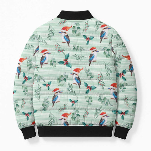 Australia Christmas Bomber Puffer Jacket Aussie Kookaburra Watercolor Seamless Style - Aussie Hoodie