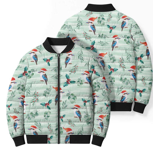 Australia Christmas Bomber Puffer Jacket Aussie Kookaburra Watercolor Seamless Style - Aussie Hoodie