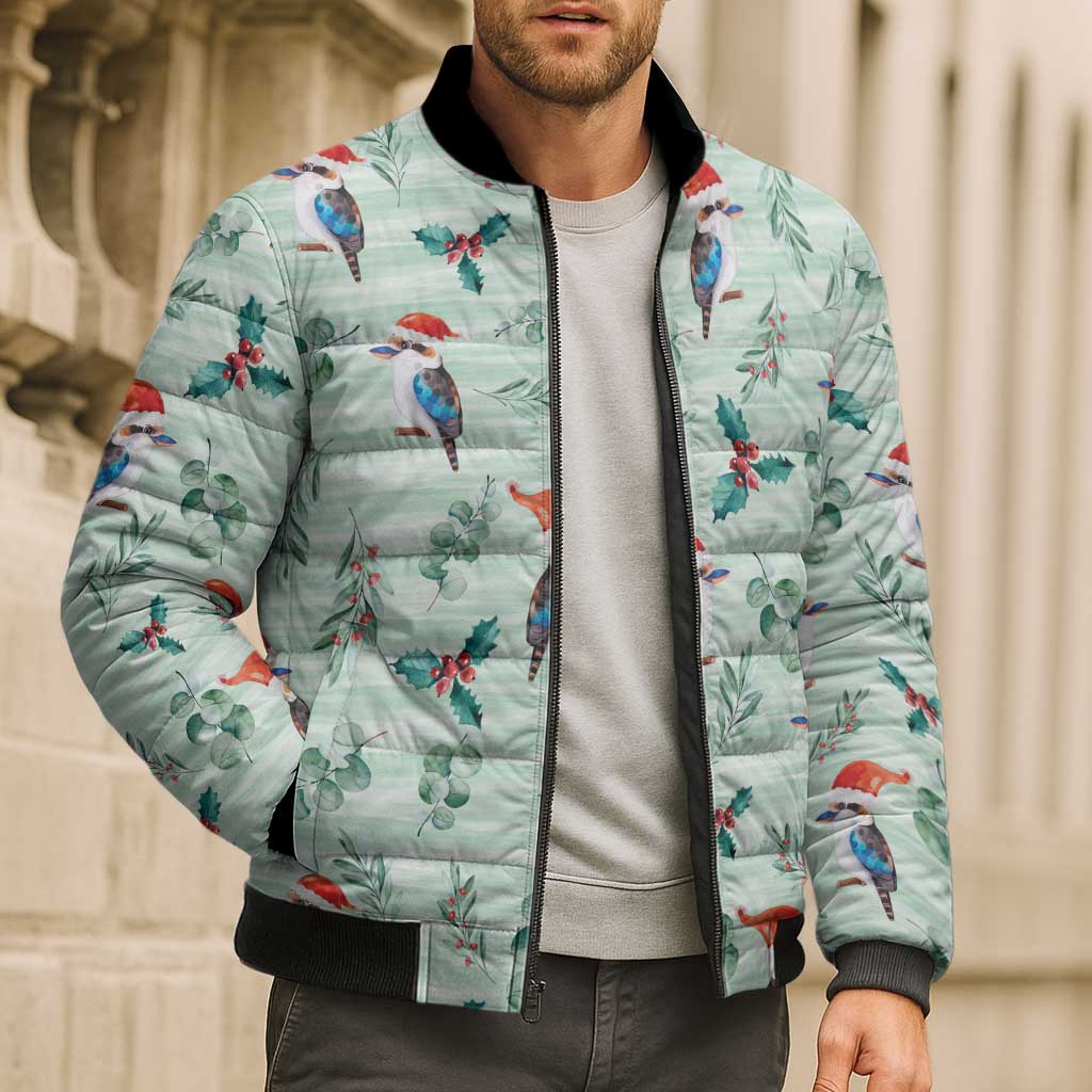 Australia Christmas Bomber Puffer Jacket Aussie Kookaburra Watercolor Seamless Style - Aussie Hoodie
