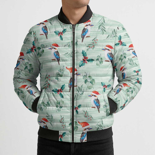 Australia Christmas Bomber Puffer Jacket Aussie Kookaburra Watercolor Seamless Style - Aussie Hoodie
