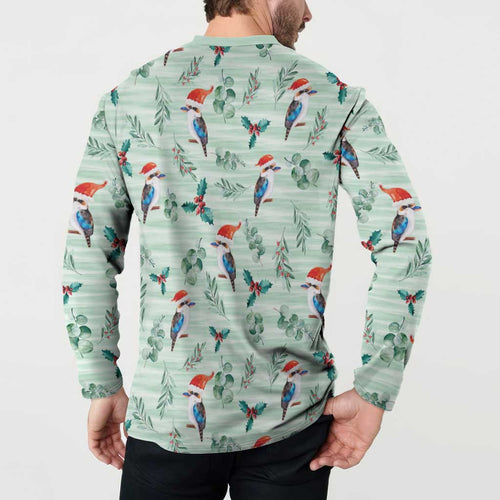 Australia Christmas Button Sweatshirt Aussie Kookaburra Watercolor Seamless Style - Aussie Hoodie