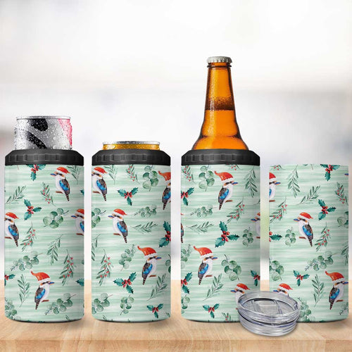 Australia Christmas 4 in 1 Can Cooler Tumbler Aussie Kookaburra Watercolor Seamless Style - Aussie Hoodie