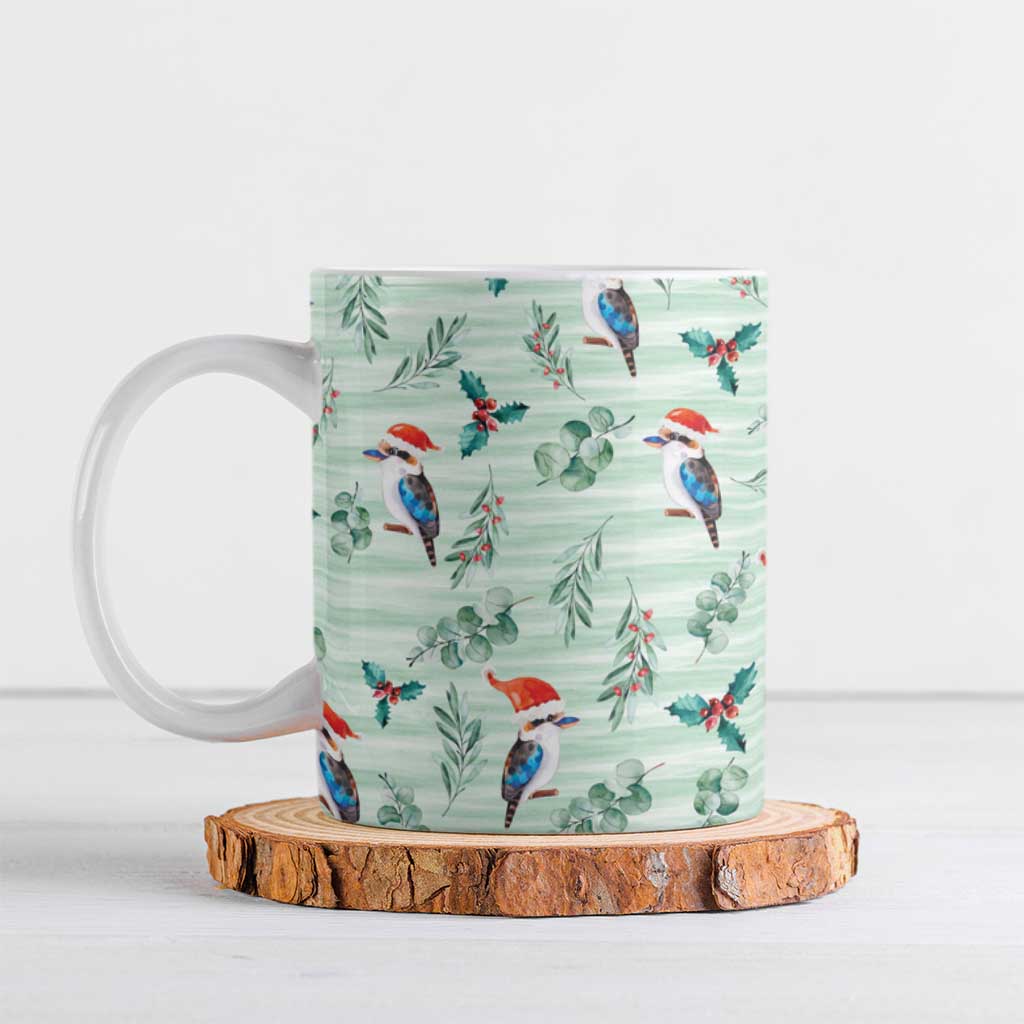 Australia Christmas Ceramic Mug Aussie Kookaburra Watercolor Seamless Style - Aussie Hoodie