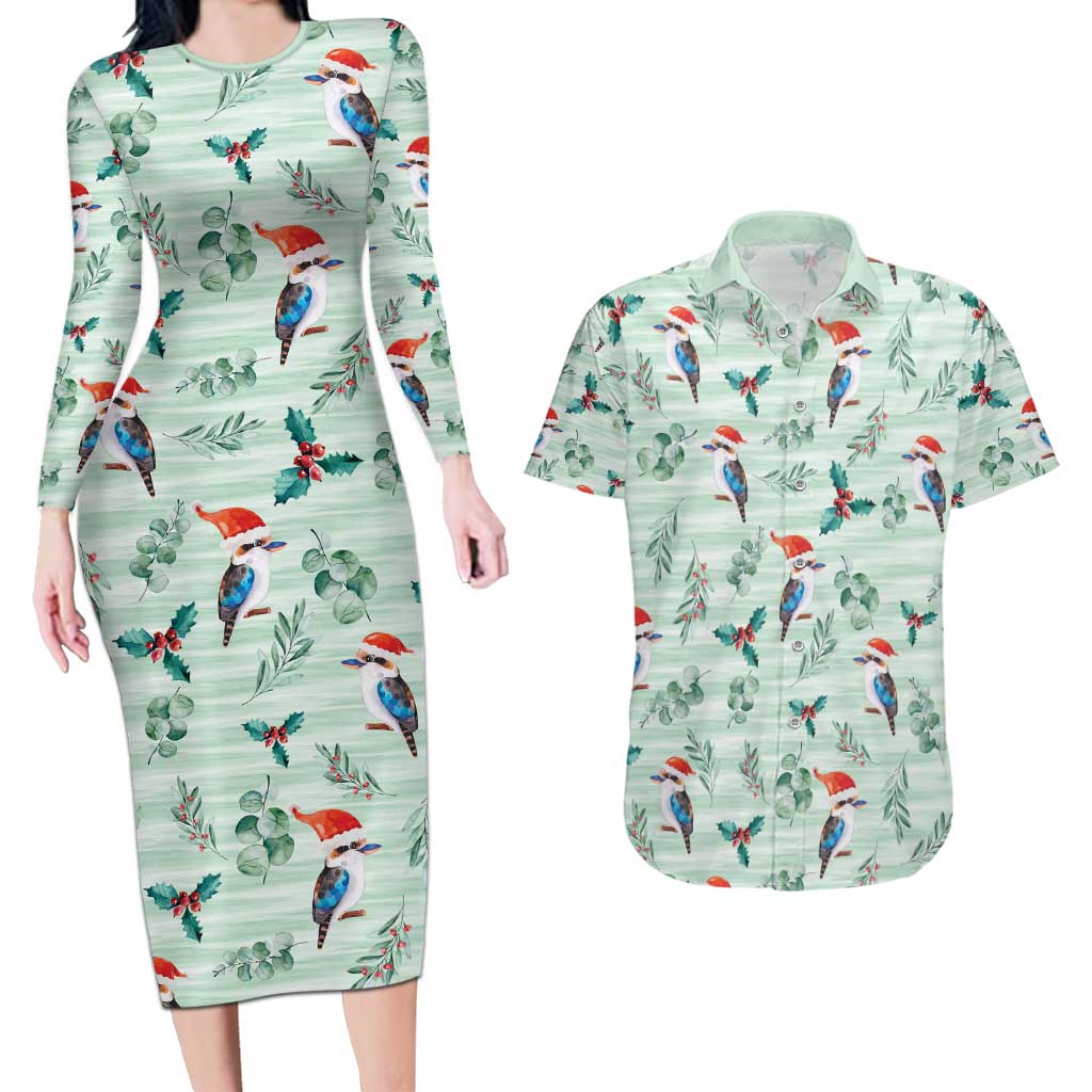 Australia Christmas Couples Matching Long Sleeve Bodycon Dress and Hawaiian Shirt Aussie Kookaburra Watercolor Seamless Style - Aussie Hoodie