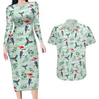 Australia Christmas Couples Matching Long Sleeve Bodycon Dress and Hawaiian Shirt Aussie Kookaburra Watercolor Seamless Style - Aussie Hoodie
