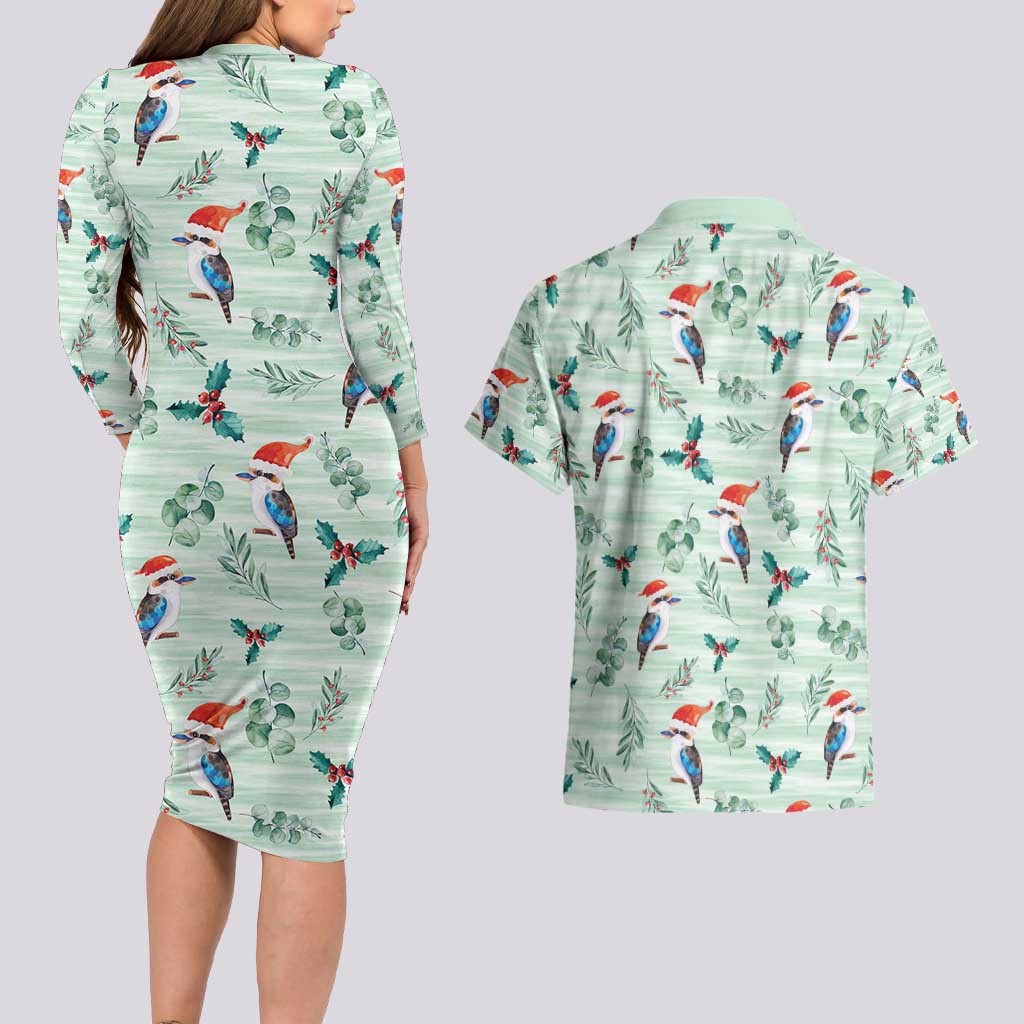 Australia Christmas Couples Matching Long Sleeve Bodycon Dress and Hawaiian Shirt Aussie Kookaburra Watercolor Seamless Style - Aussie Hoodie