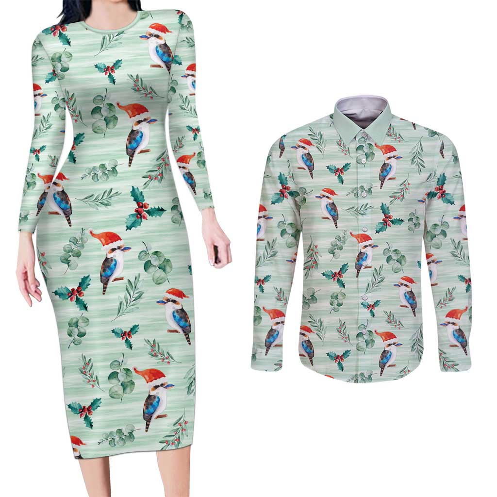 Australia Christmas Couples Matching Long Sleeve Bodycon Dress and Long Sleeve Button Shirt Aussie Kookaburra Watercolor Seamless Style - Aussie Hoodie
