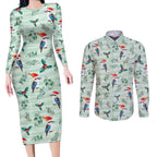 Australia Christmas Couples Matching Long Sleeve Bodycon Dress and Long Sleeve Button Shirt Aussie Kookaburra Watercolor Seamless Style - Aussie Hoodie
