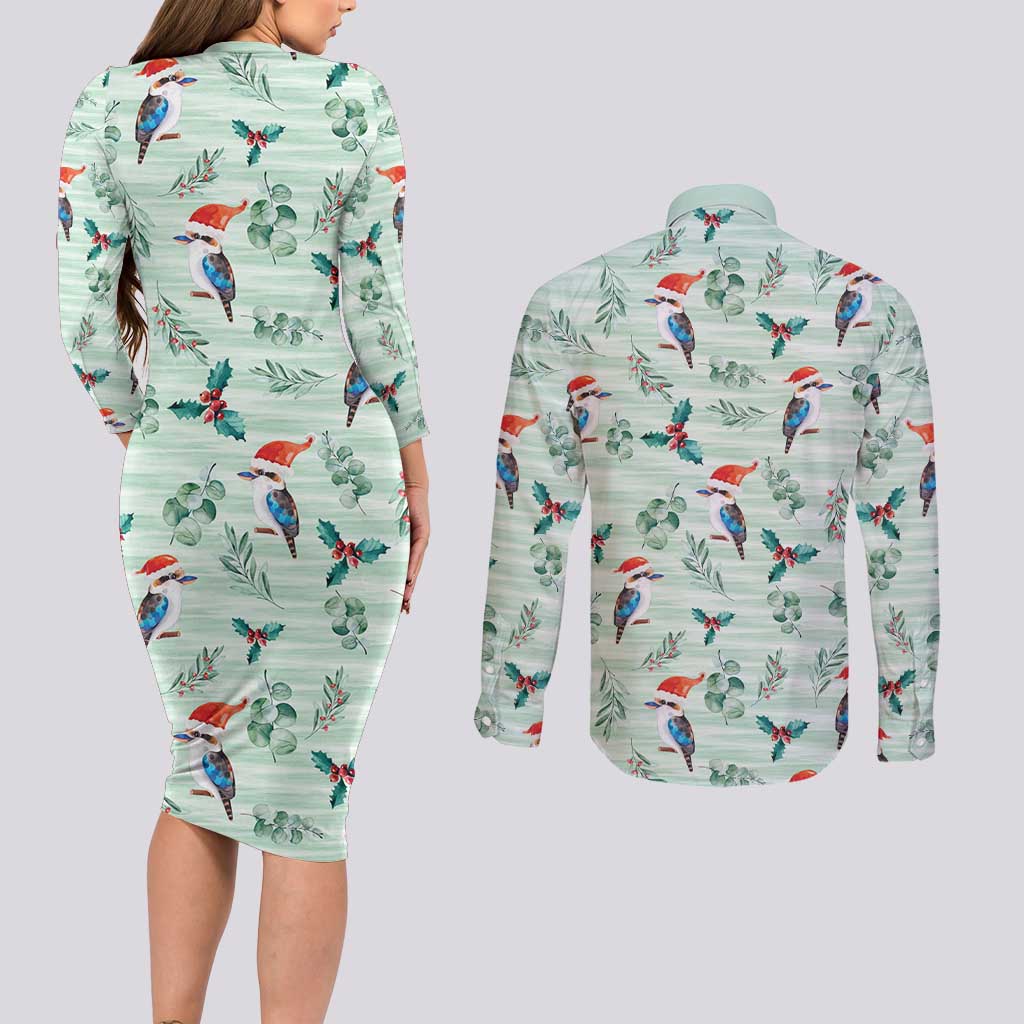 Australia Christmas Couples Matching Long Sleeve Bodycon Dress and Long Sleeve Button Shirt Aussie Kookaburra Watercolor Seamless Style - Aussie Hoodie