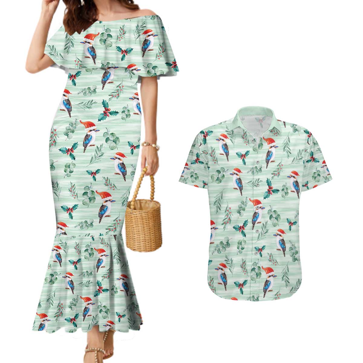 Australia Christmas Couples Matching Mermaid Dress and Hawaiian Shirt Aussie Kookaburra Watercolor Seamless Style - Aussie Hoodie