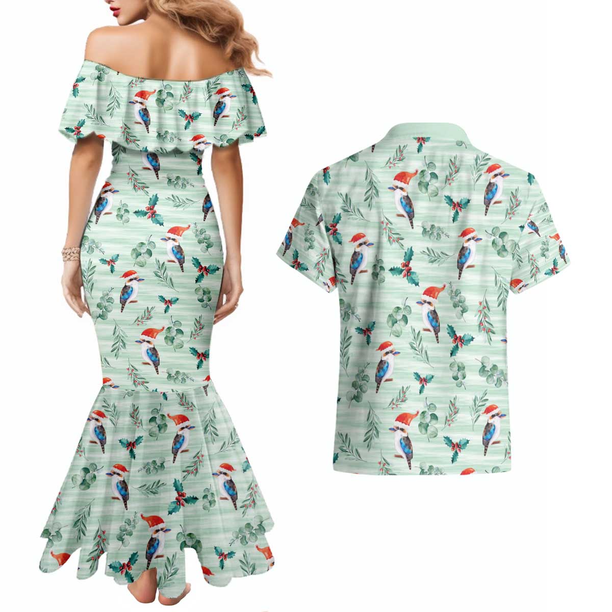 Australia Christmas Couples Matching Mermaid Dress and Hawaiian Shirt Aussie Kookaburra Watercolor Seamless Style - Aussie Hoodie