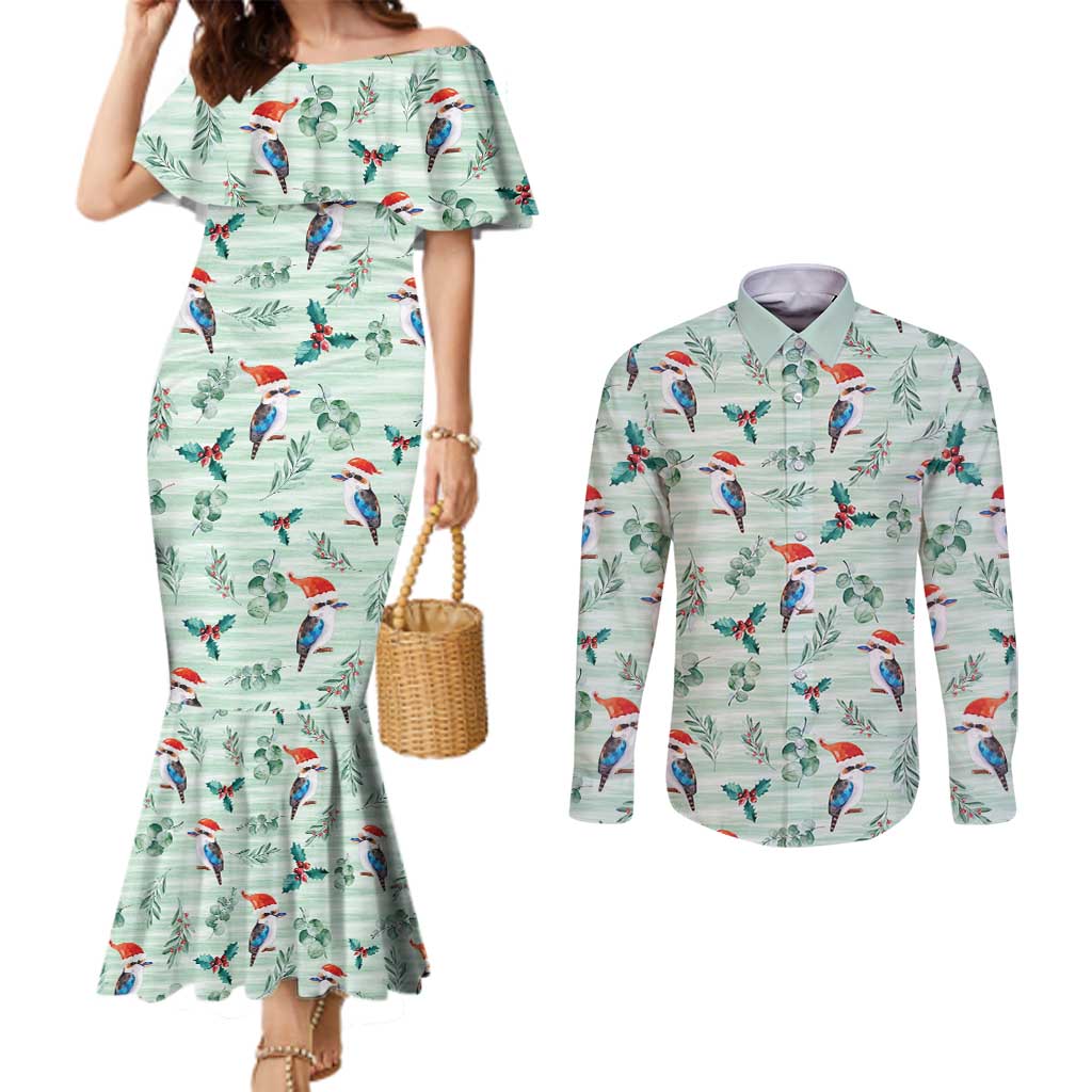 Australia Christmas Couples Matching Mermaid Dress and Long Sleeve Button Shirt Aussie Kookaburra Watercolor Seamless Style - Aussie Hoodie