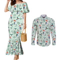 Australia Christmas Couples Matching Mermaid Dress and Long Sleeve Button Shirt Aussie Kookaburra Watercolor Seamless Style - Aussie Hoodie