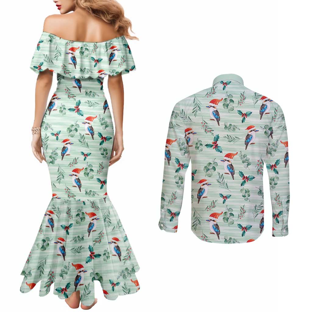 Australia Christmas Couples Matching Mermaid Dress and Long Sleeve Button Shirt Aussie Kookaburra Watercolor Seamless Style - Aussie Hoodie