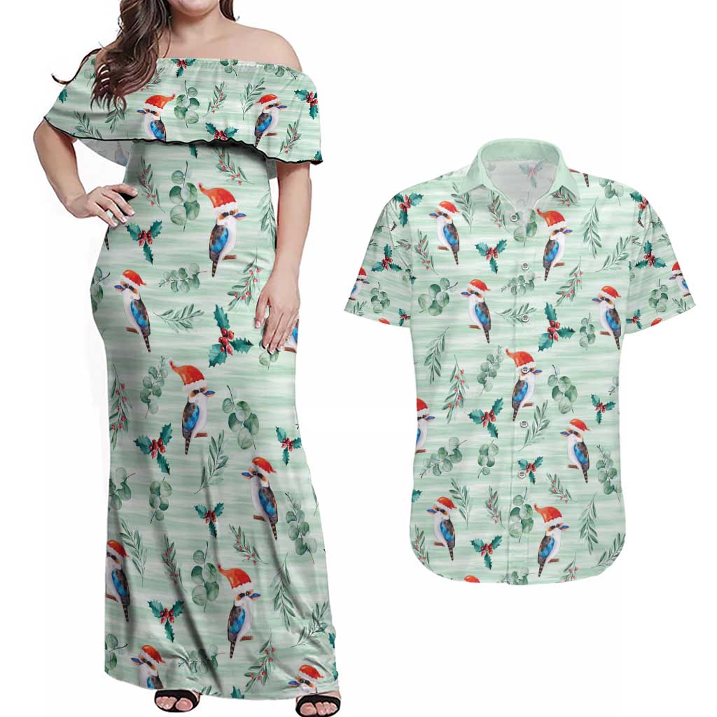 Australia Christmas Couples Matching Off Shoulder Maxi Dress and Hawaiian Shirt Aussie Kookaburra Watercolor Seamless Style - Aussie Hoodie