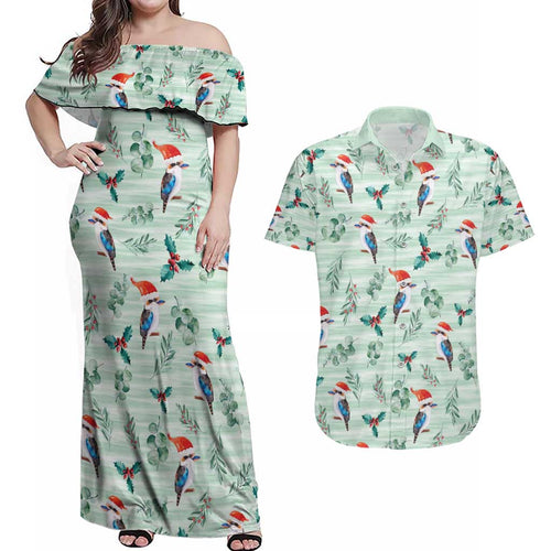 Australia Christmas Couples Matching Off Shoulder Maxi Dress and Hawaiian Shirt Aussie Kookaburra Watercolor Seamless Style - Aussie Hoodie