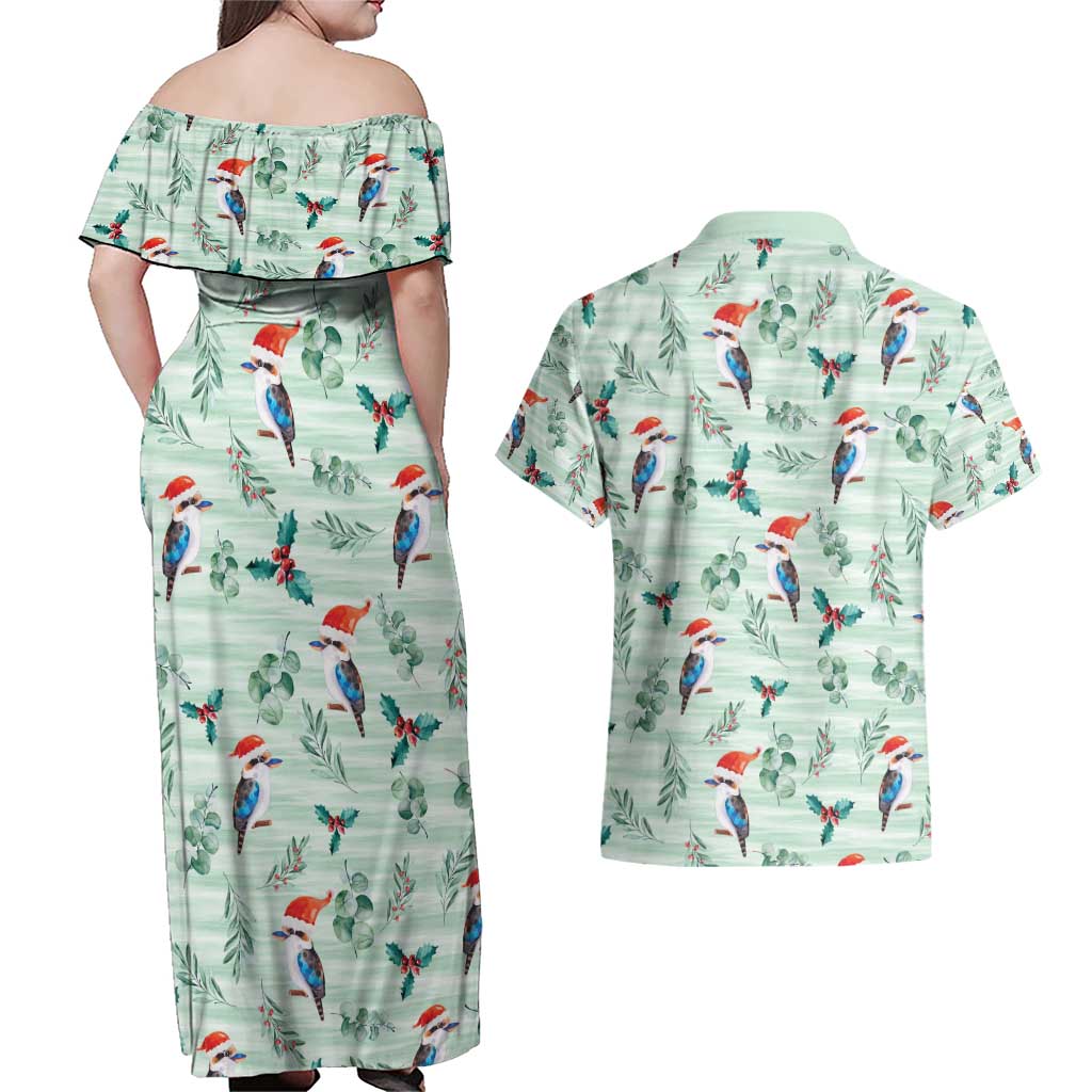 Australia Christmas Couples Matching Off Shoulder Maxi Dress and Hawaiian Shirt Aussie Kookaburra Watercolor Seamless Style - Aussie Hoodie