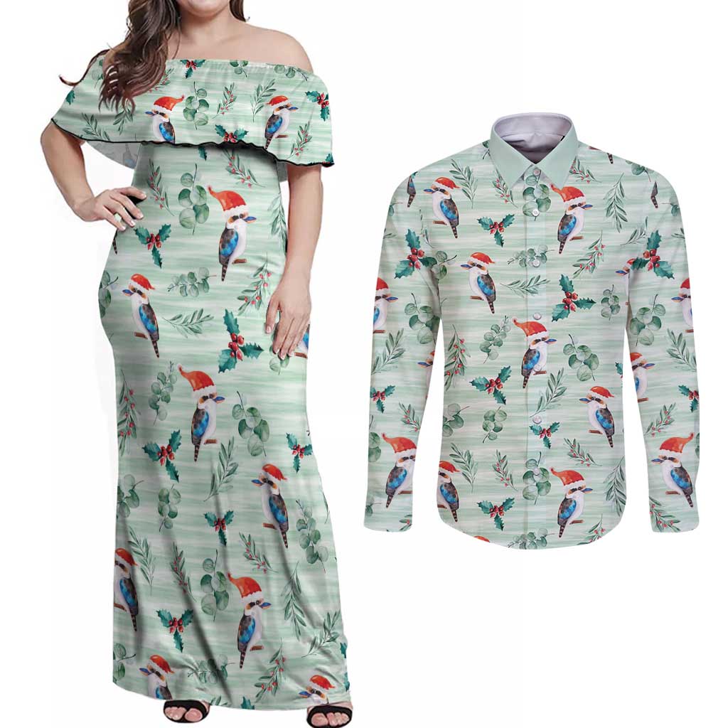 Australia Christmas Couples Matching Off Shoulder Maxi Dress and Long Sleeve Button Shirt Aussie Kookaburra Watercolor Seamless Style - Aussie Hoodie