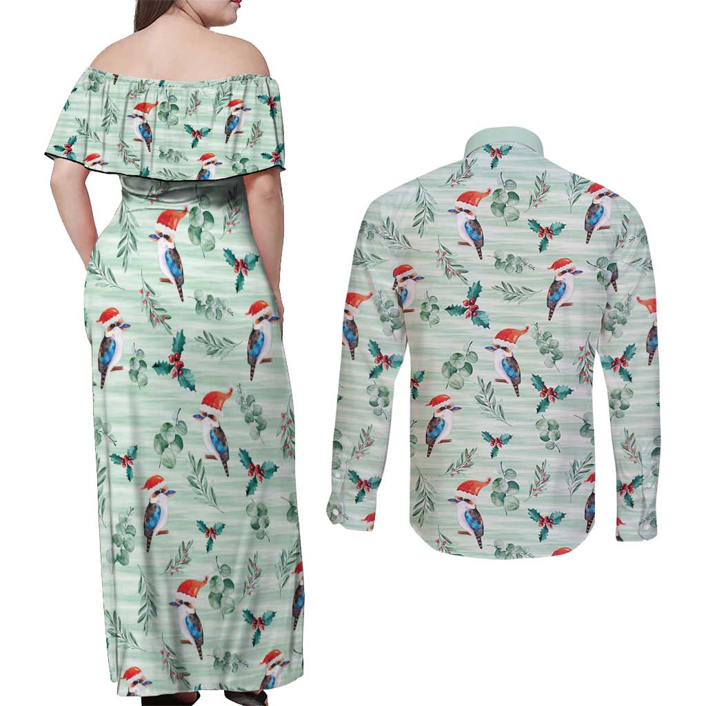 Australia Christmas Couples Matching Off Shoulder Maxi Dress and Long Sleeve Button Shirt Aussie Kookaburra Watercolor Seamless Style - Aussie Hoodie
