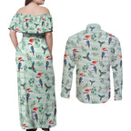 Australia Christmas Couples Matching Off Shoulder Maxi Dress and Long Sleeve Button Shirt Aussie Kookaburra Watercolor Seamless Style - Aussie Hoodie