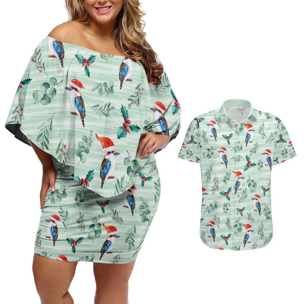 Australia Christmas Couples Matching Off Shoulder Short Dress and Hawaiian Shirt Aussie Kookaburra Watercolor Seamless Style - Aussie Hoodie