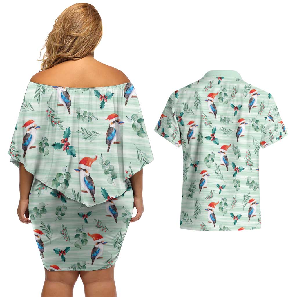 Australia Christmas Couples Matching Off Shoulder Short Dress and Hawaiian Shirt Aussie Kookaburra Watercolor Seamless Style - Aussie Hoodie