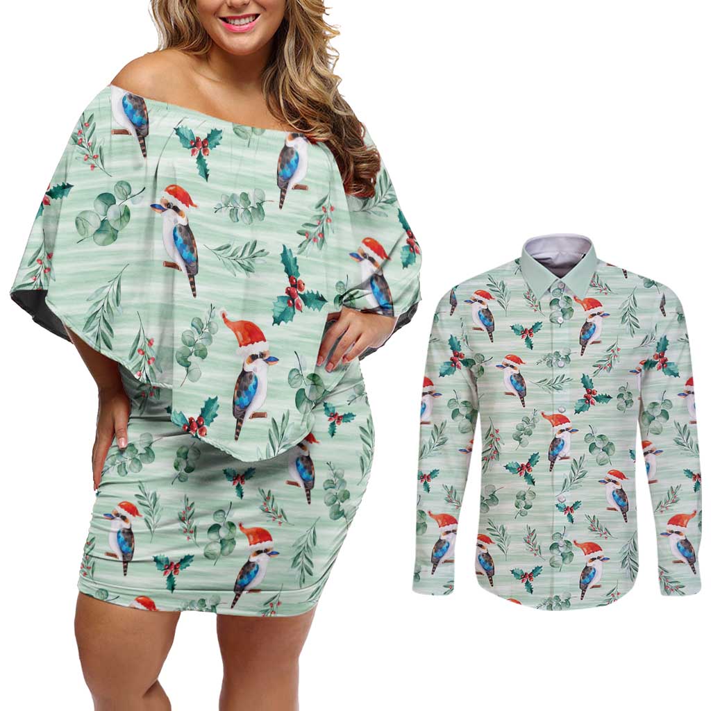 Australia Christmas Couples Matching Off Shoulder Short Dress and Long Sleeve Button Shirt Aussie Kookaburra Watercolor Seamless Style - Aussie Hoodie