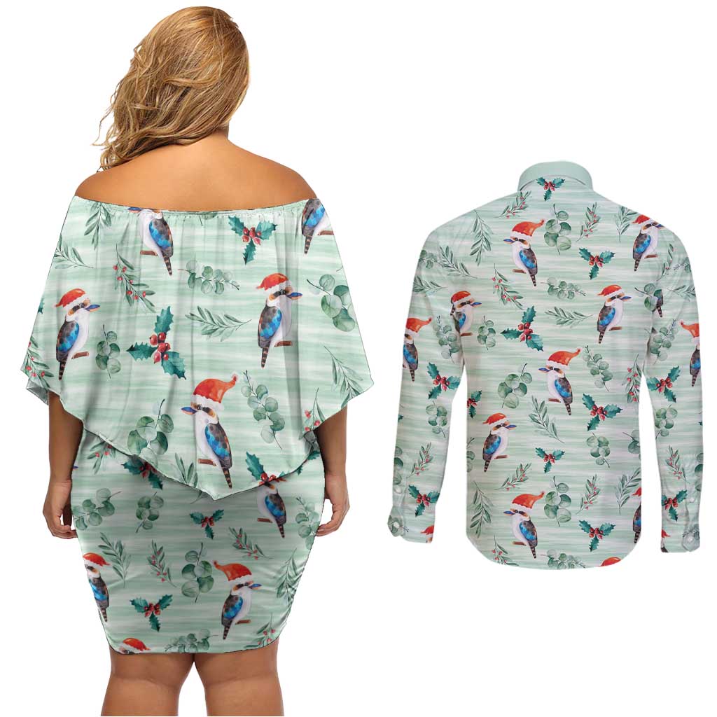 Australia Christmas Couples Matching Off Shoulder Short Dress and Long Sleeve Button Shirt Aussie Kookaburra Watercolor Seamless Style - Aussie Hoodie