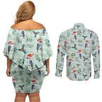 Australia Christmas Couples Matching Off Shoulder Short Dress and Long Sleeve Button Shirt Aussie Kookaburra Watercolor Seamless Style - Aussie Hoodie