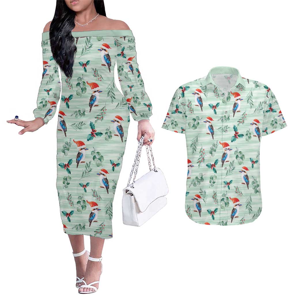 Australia Christmas Couples Matching Off The Shoulder Long Sleeve Dress and Hawaiian Shirt Aussie Kookaburra Watercolor Seamless Style - Aussie Hoodie